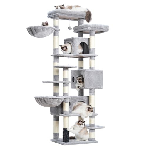 Light Gray 74 inches Multi-Level XL Cat Tree with Three Cat Condos and Two Top Decks B58336