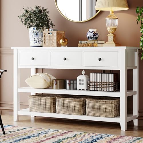 Beige 50" Solid Wood Console Table with 3 Drawers F50887