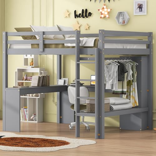 White Full Size Wood Loft Bed with Desk and Wardrobe S15117