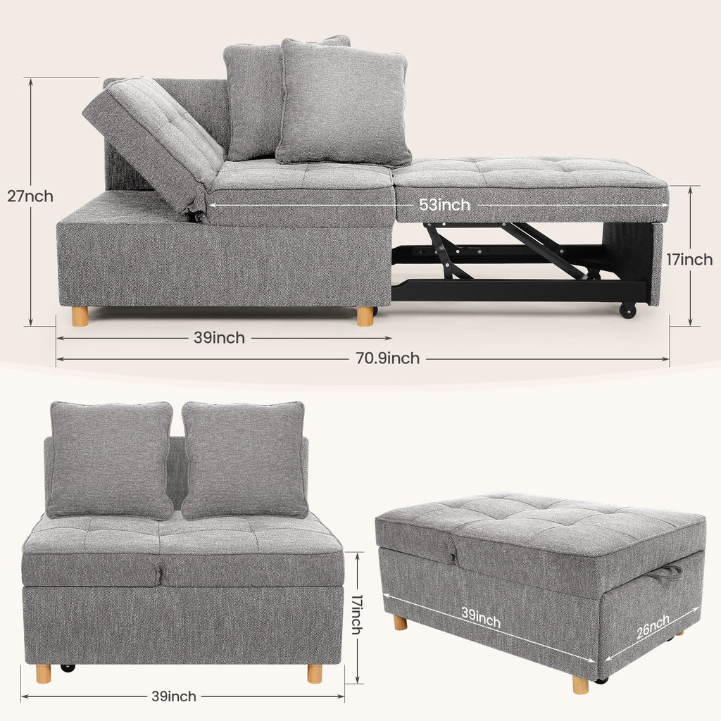 Gray Linen Convertible Sofa Bed 3-Seat Futon B164899