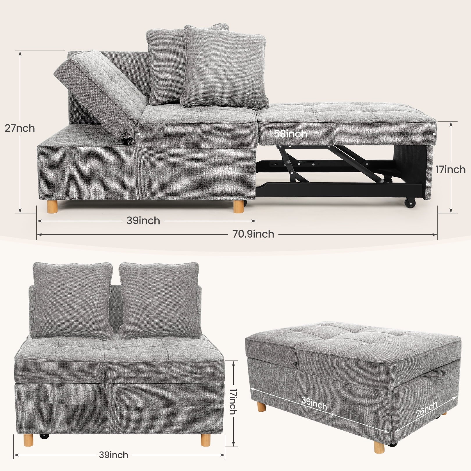 Gray Linen Convertible Sofa Bed 3-Seat Futon B164899