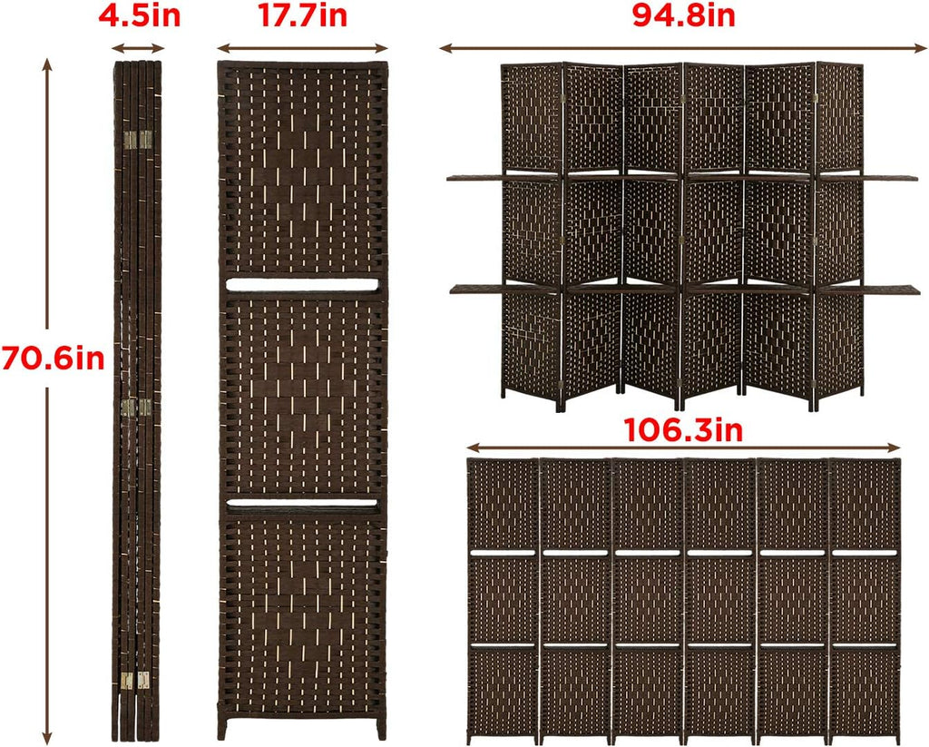 6 Ft Tall Wooden Folding Privacy Screen 6 Panel Room Divider with Shelves J918726
