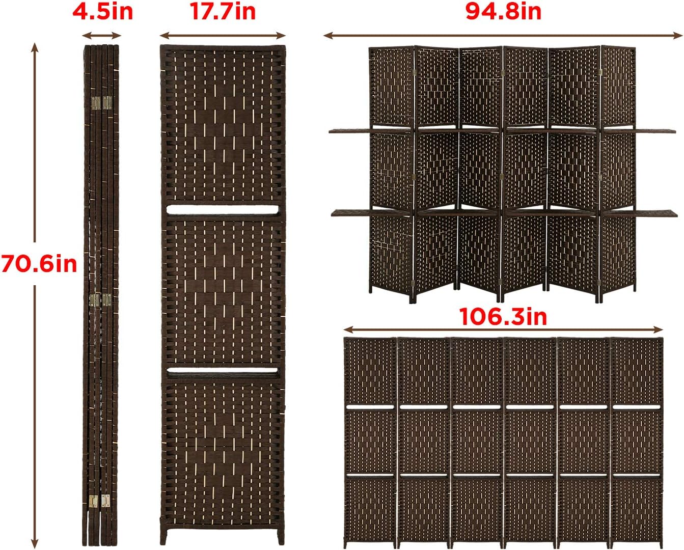 6 Ft Tall Wooden Folding Privacy Screen 6 Panel Room Divider with Shelves J918726