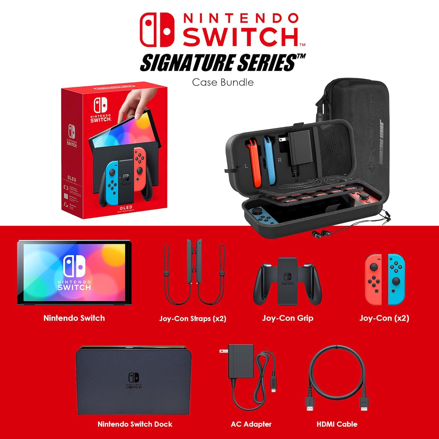 Nintendo Switch OLED Model (Neon Red/Blue) with Extra Joy-Con (Red/Blue), Dock, Joy-Con Grips and Straps, Portable Case and Earphones Z694245