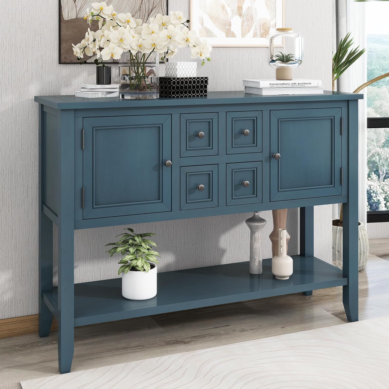 Light Navy Solid Wood Console Table with 4 Drawers and 2 Cabinets T2752