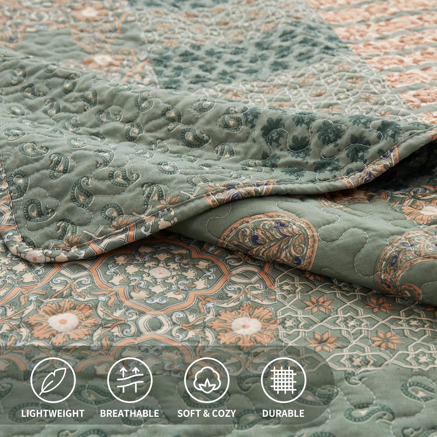 Full/Queen Size Olive Green Floral Paisley Bedding Set with 2 Pillow Shams P68639