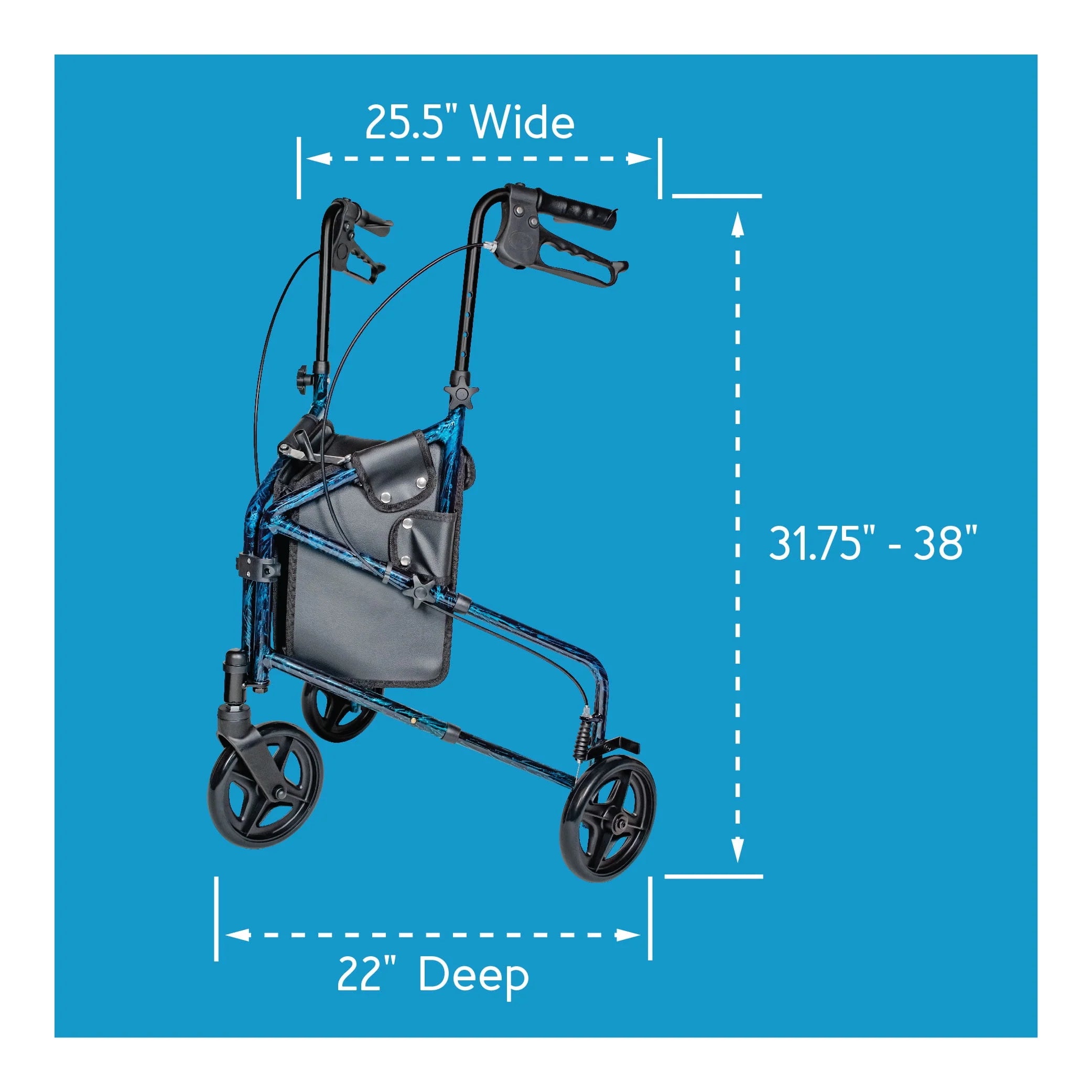 Aluminium 3 Wheel Rollator Walker, Height Adjustable Handles, 250 lb Capacity R929
