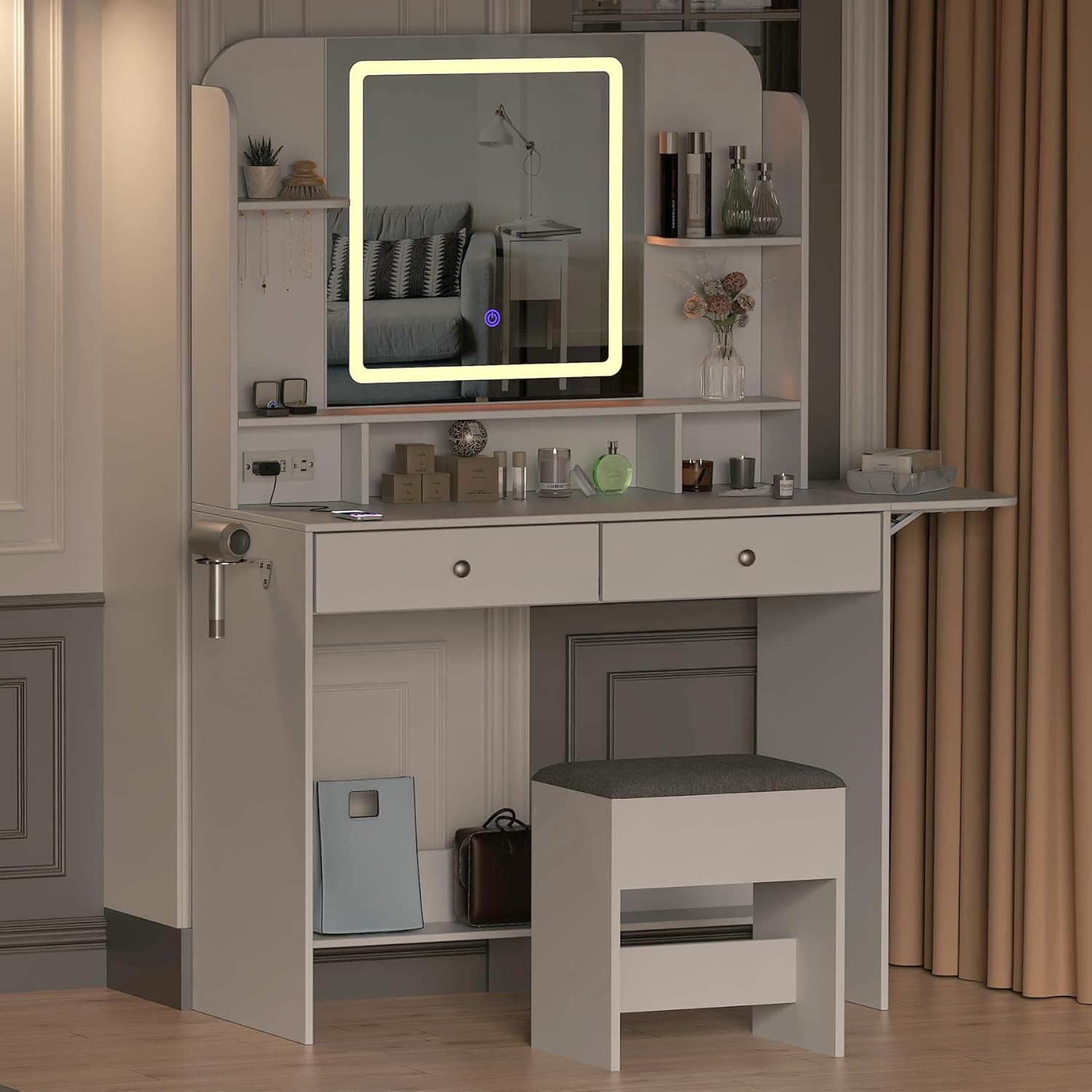 White Dressing Table with Mirror and Stool, 3 LED Lighting Colors Q923