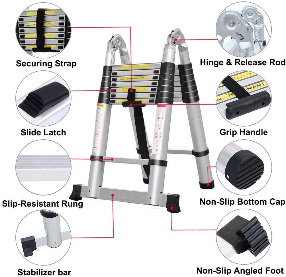 16.5FT/5M Telescopic Aluminum Extension Ladder with Slip-Proof Feet F7580