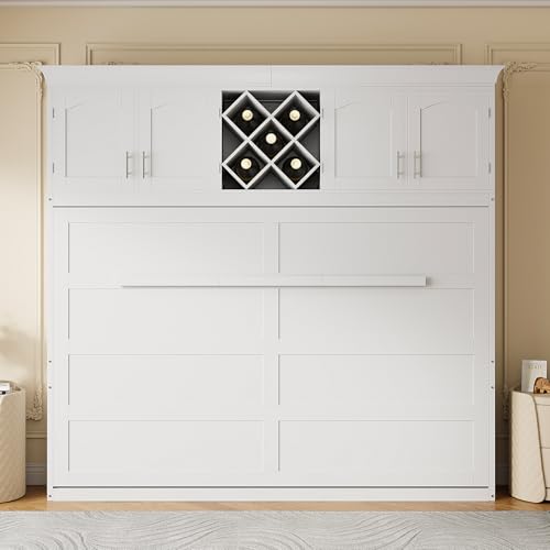 White Queen Size Murphy Wall Bed with Top Cabinets & Wine Rack S66143
