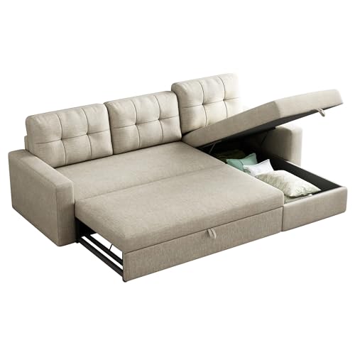 Beige L-Shape Sleeper Sectional Sofa with Pull-Out Bed D625469