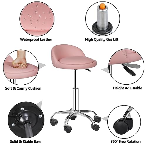 Pink Adjustable Height Hydraulic Rolling Swivel Stool with Back Rest W393