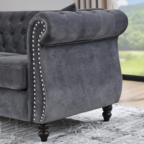 Grey Velvet 3 Seater Sofa with Pillows I52242