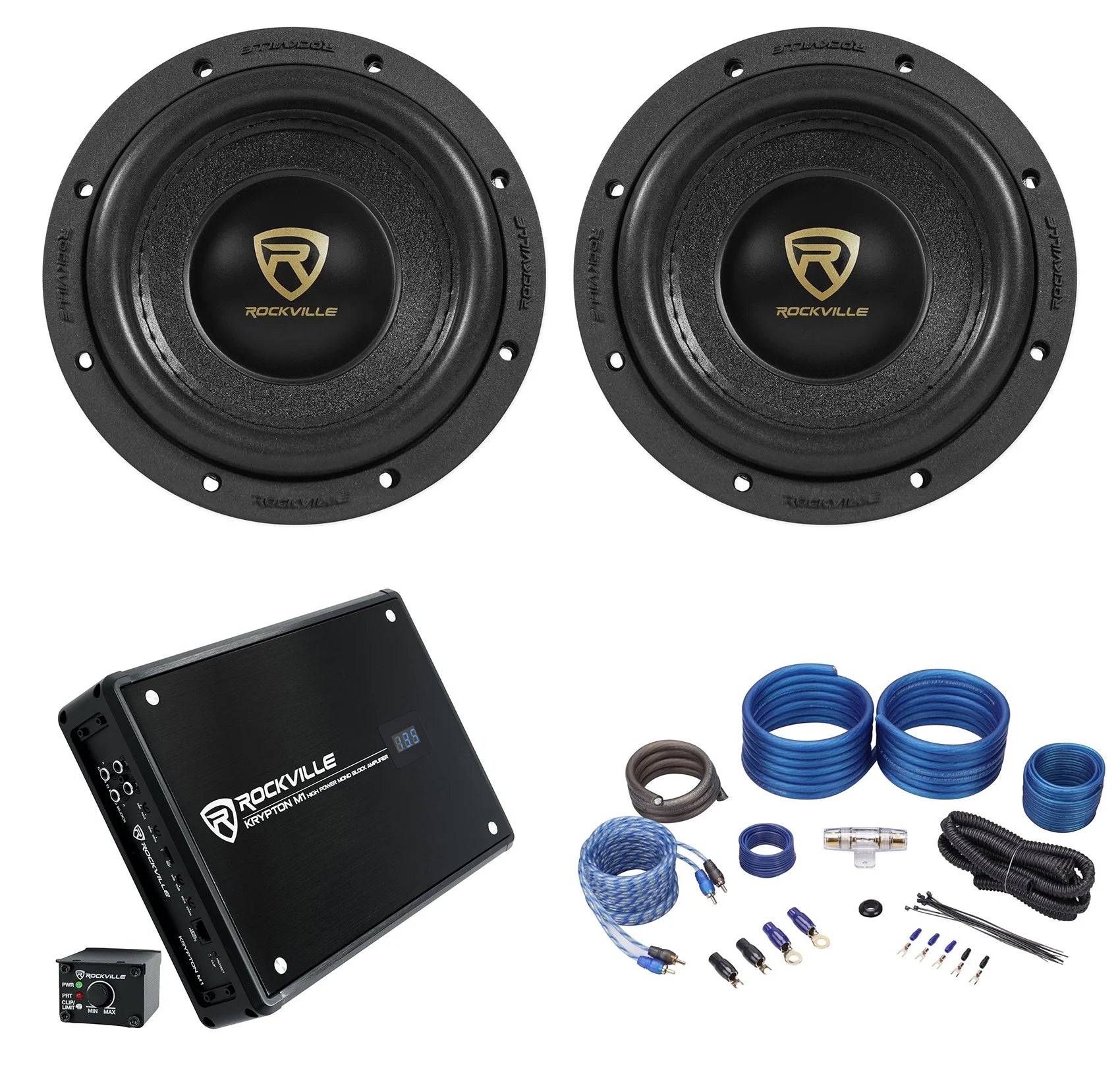 6.5" 1000 Watt Car Audio Subwoofers with Mono Amplifier and Amp Kit M196