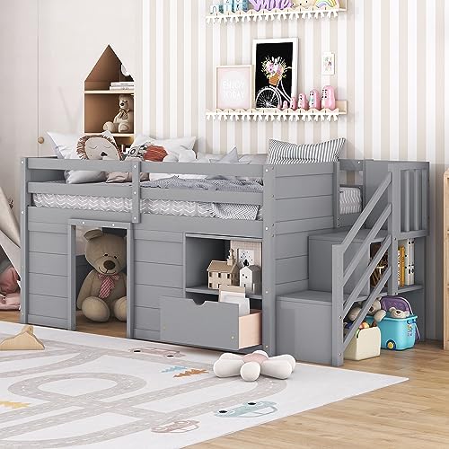 Twin Size Wooden Loft Bed with Stairs, Drawers and Shelves, Grey Z29103