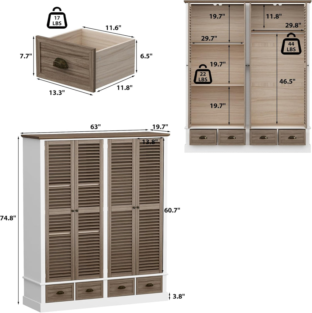 4 Doors Wardrobe Armoire with Louver Doors, Storage Shelves, 4 Drawers & Hanging Rod, Wooden Closet Storage Cabinet, Brown & White U99702