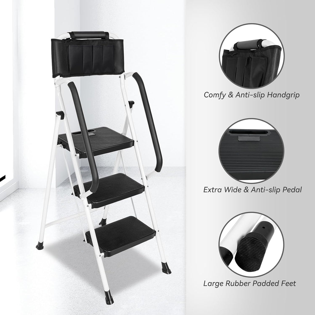 White 3 Step Ladder with Handrails & Attachable Tool Bag, 500 lbs Folding Step Stool K135