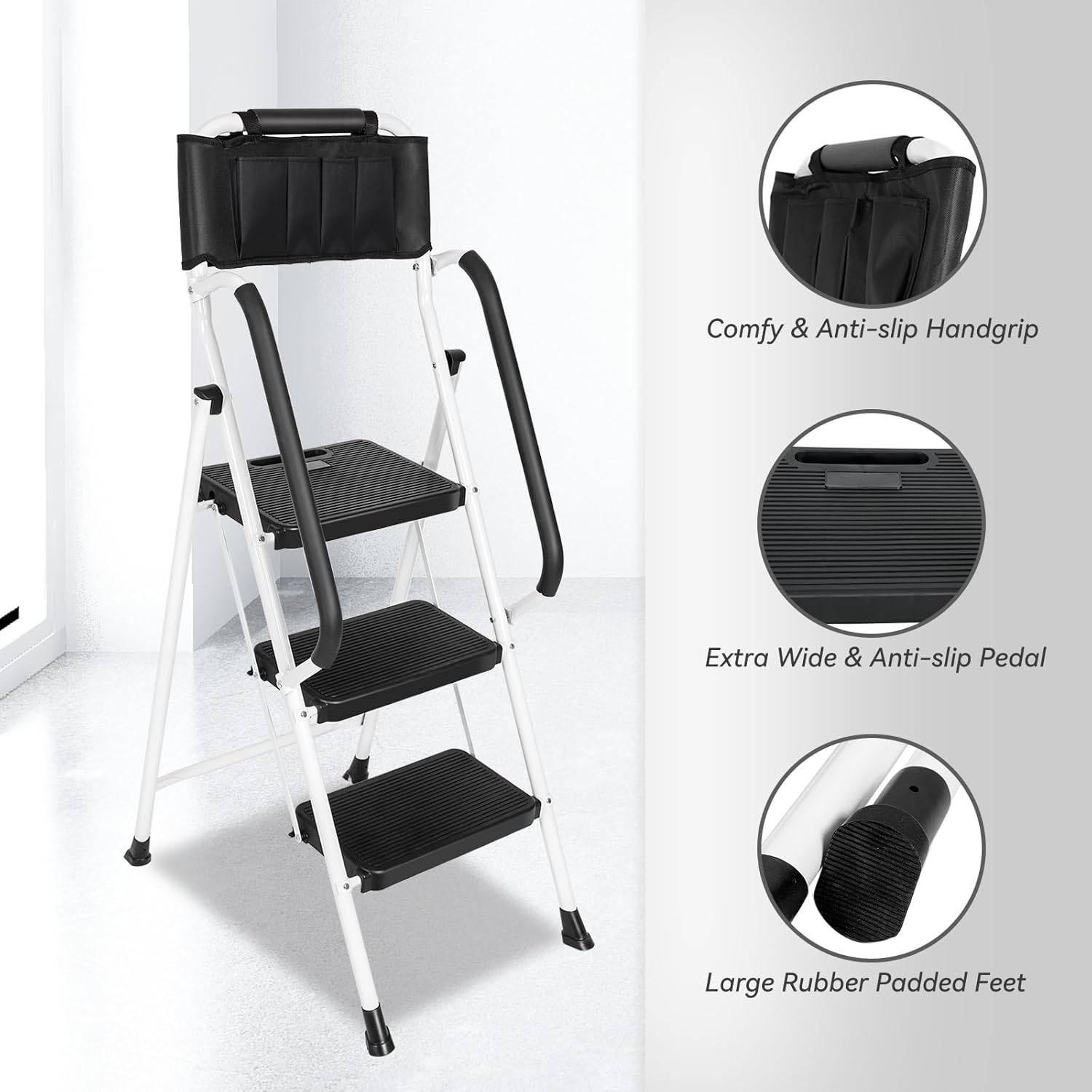 White 3 Step Ladder with Handrails & Attachable Tool Bag, 500 lbs Folding Step Stool K135