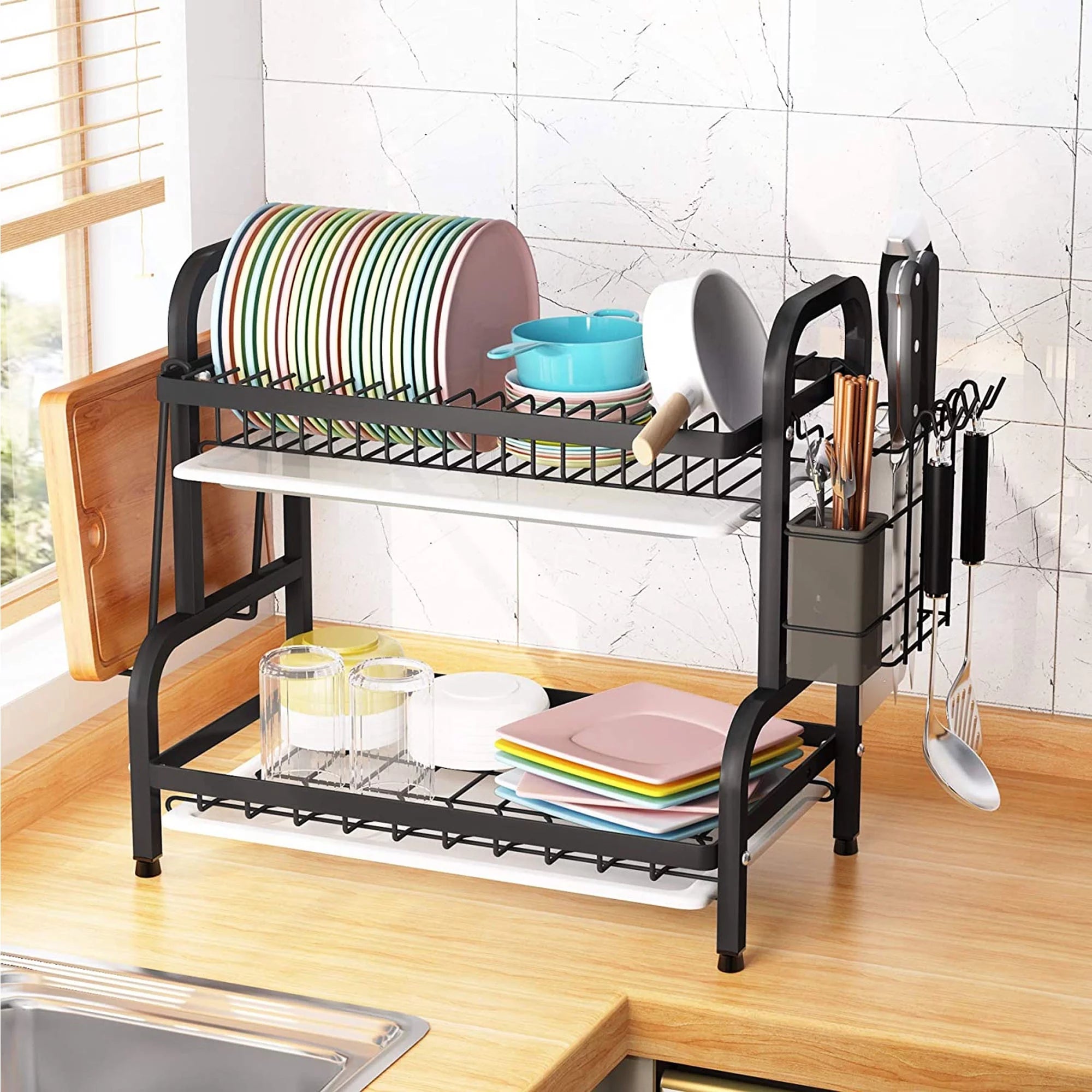 Adjustable 2-Tier Large Dish Drying Rack with Cutting Board Holder B458659