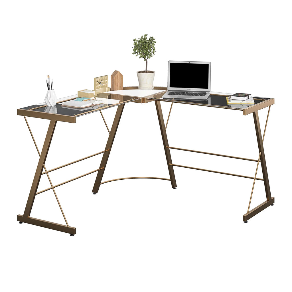 Gold Glass L-Shaped Computer Desk O336819