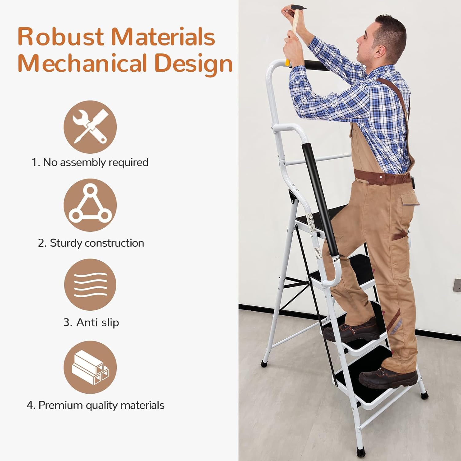 White Steel Step Ladder with Handrails and Tool Bag G82869