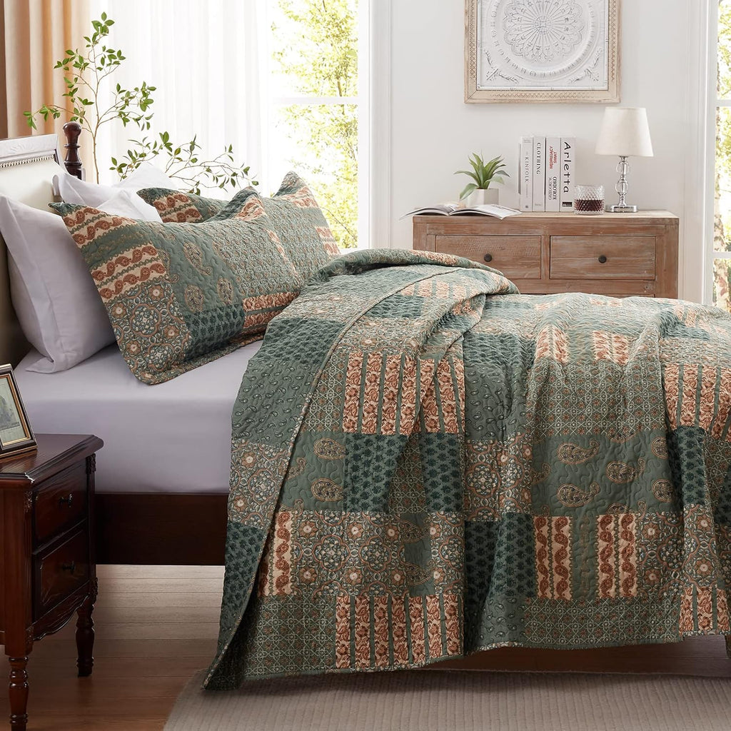 Full/Queen Size Olive Green Floral Paisley Bedding Set with 2 Pillow Shams P68639