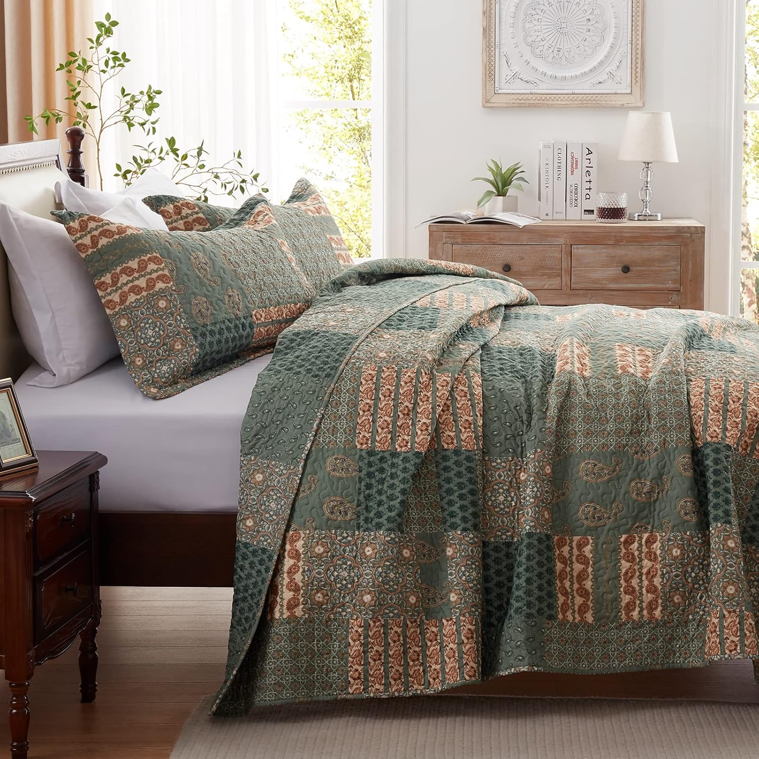 Full/Queen Size Olive Green Floral Paisley Bedding Set with 2 Pillow Shams P68639