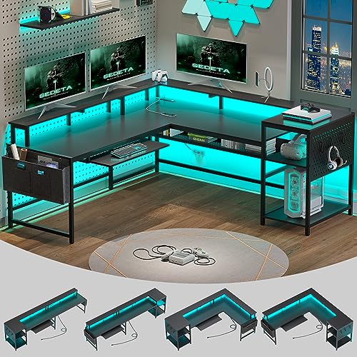 Grey L Shaped Desk with Power Outlets and LED Strip N3032