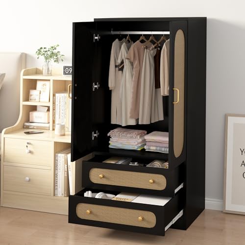 2 Door Rattan Wood Wardrobe with 2 Drawers & Hanging Rail (Black) Y945946