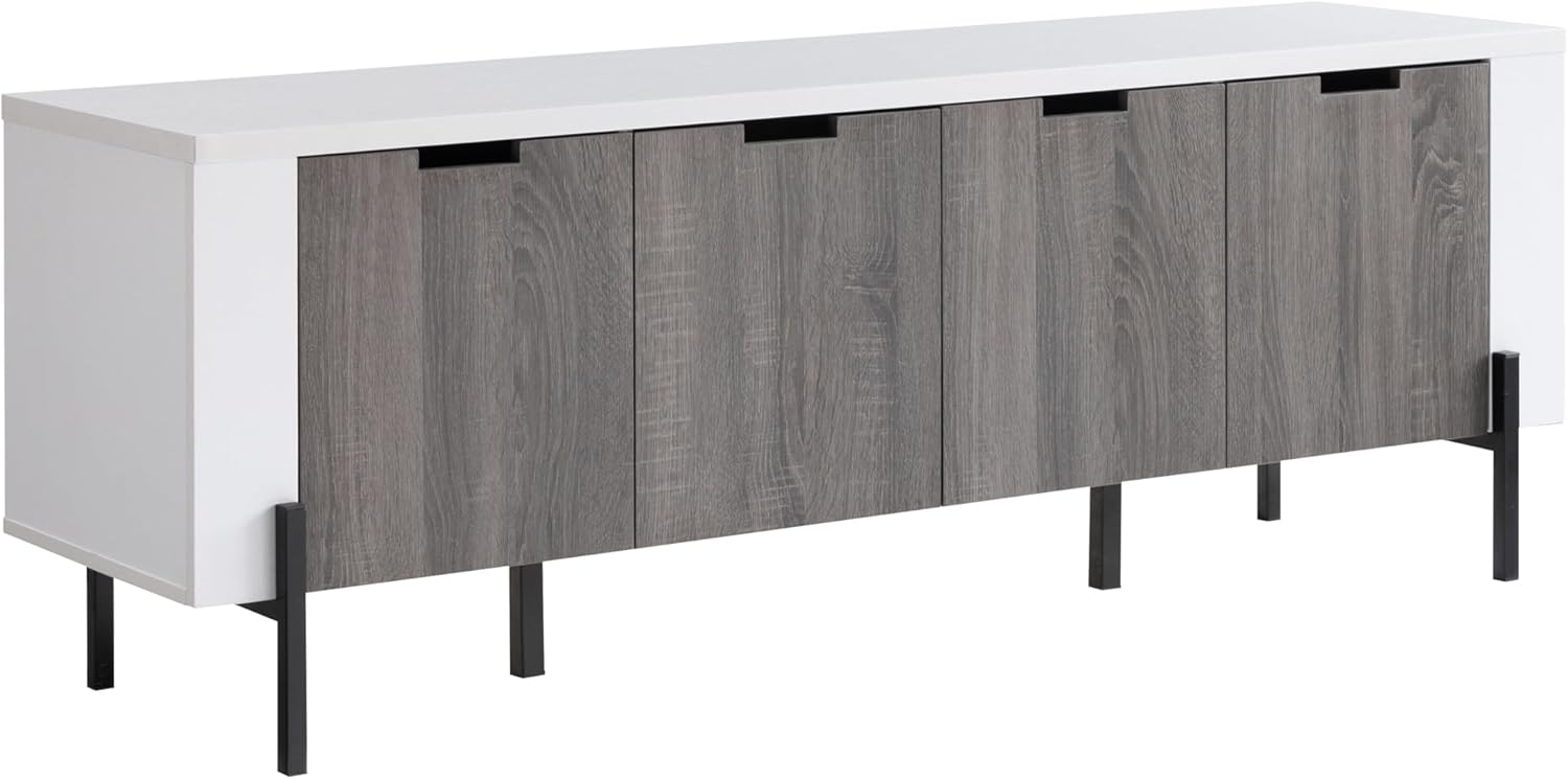 White & Distressed Grey TV Stand with Four Cabinet Doors J594