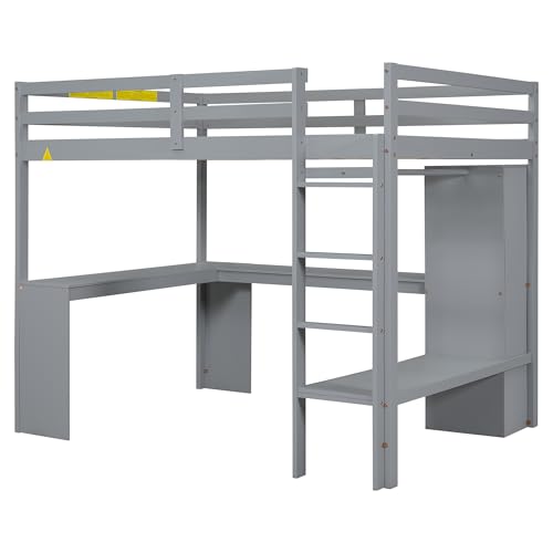 White Full Size Wood Loft Bed with Desk and Wardrobe S15117
