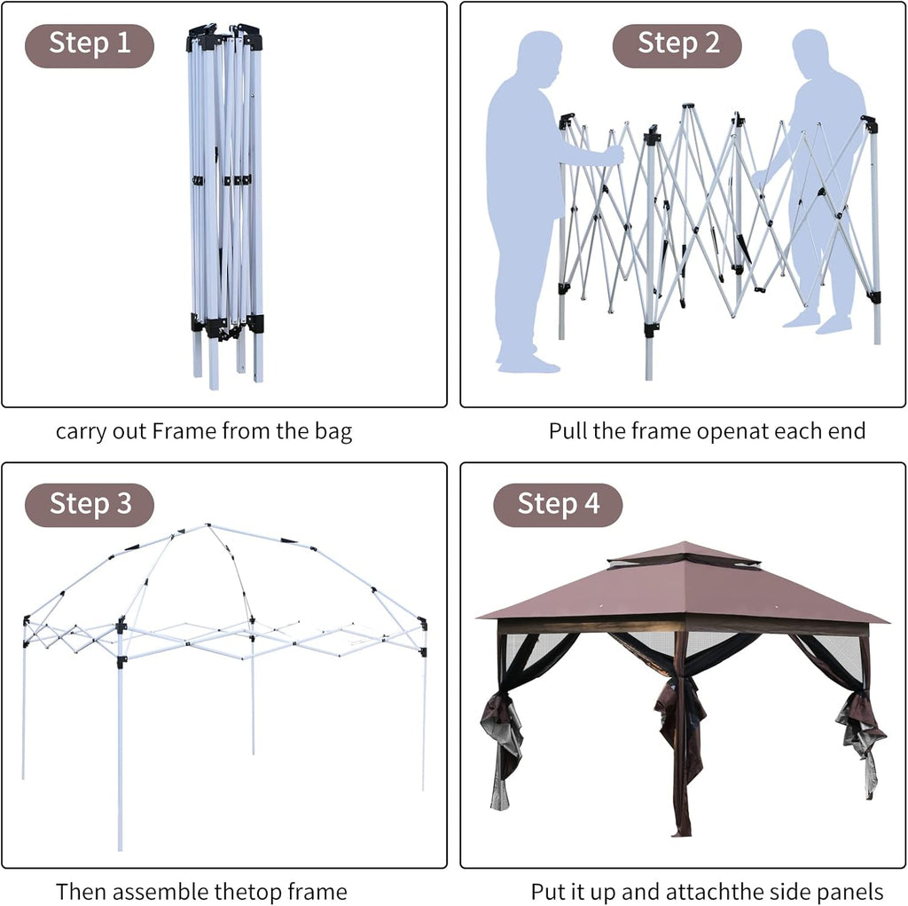 10'x10' Brown Pop Up Gazebo with Mosquito Netting Double Roof O311