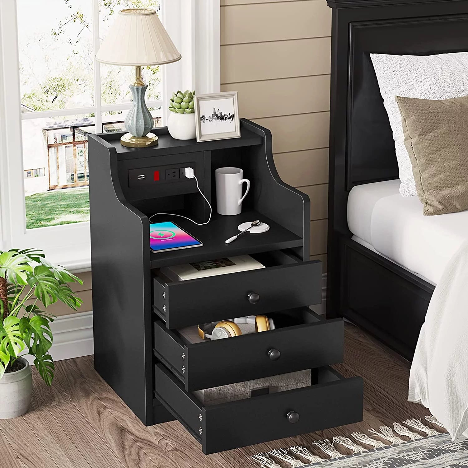 Black Nightstand Set of 2 with Storage Drawers N486620