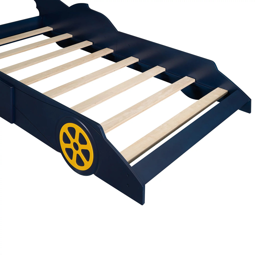 Blue/Yellow Twin Size Race Car Shaped Wood Platform Bed Frame N3454