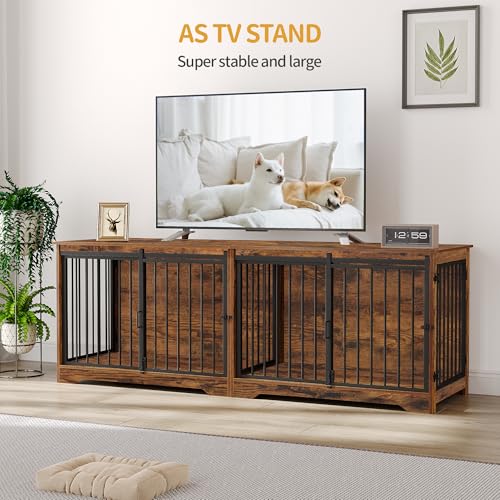 78 Inch Extra Large Double Dog Crate Furniture with Divider, Rustic Brown B24461
