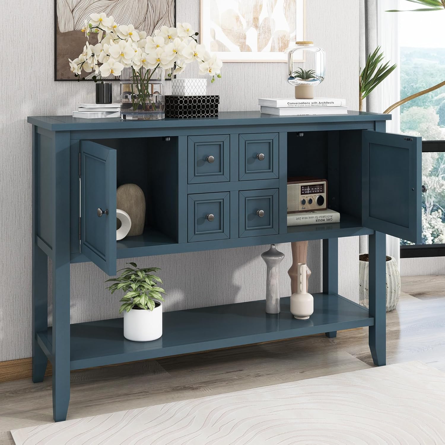 Light Navy Solid Wood Console Table with 4 Drawers and 2 Cabinets T2752