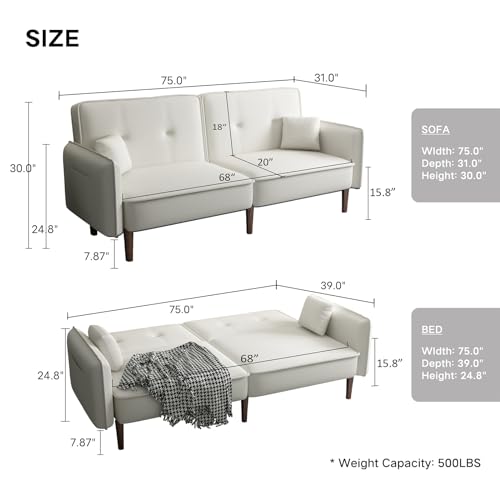 Pink Upholstered Convertible Futon Sofa Bed with 2 Pillows N56934