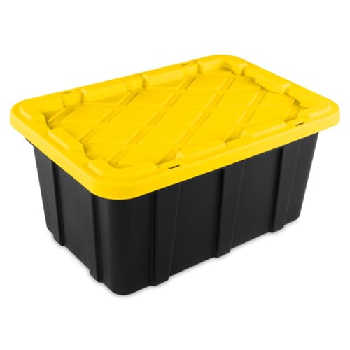 38 Gallon Black/Yellow Stackable Storage Tote with Lid, 8 Pack U998603