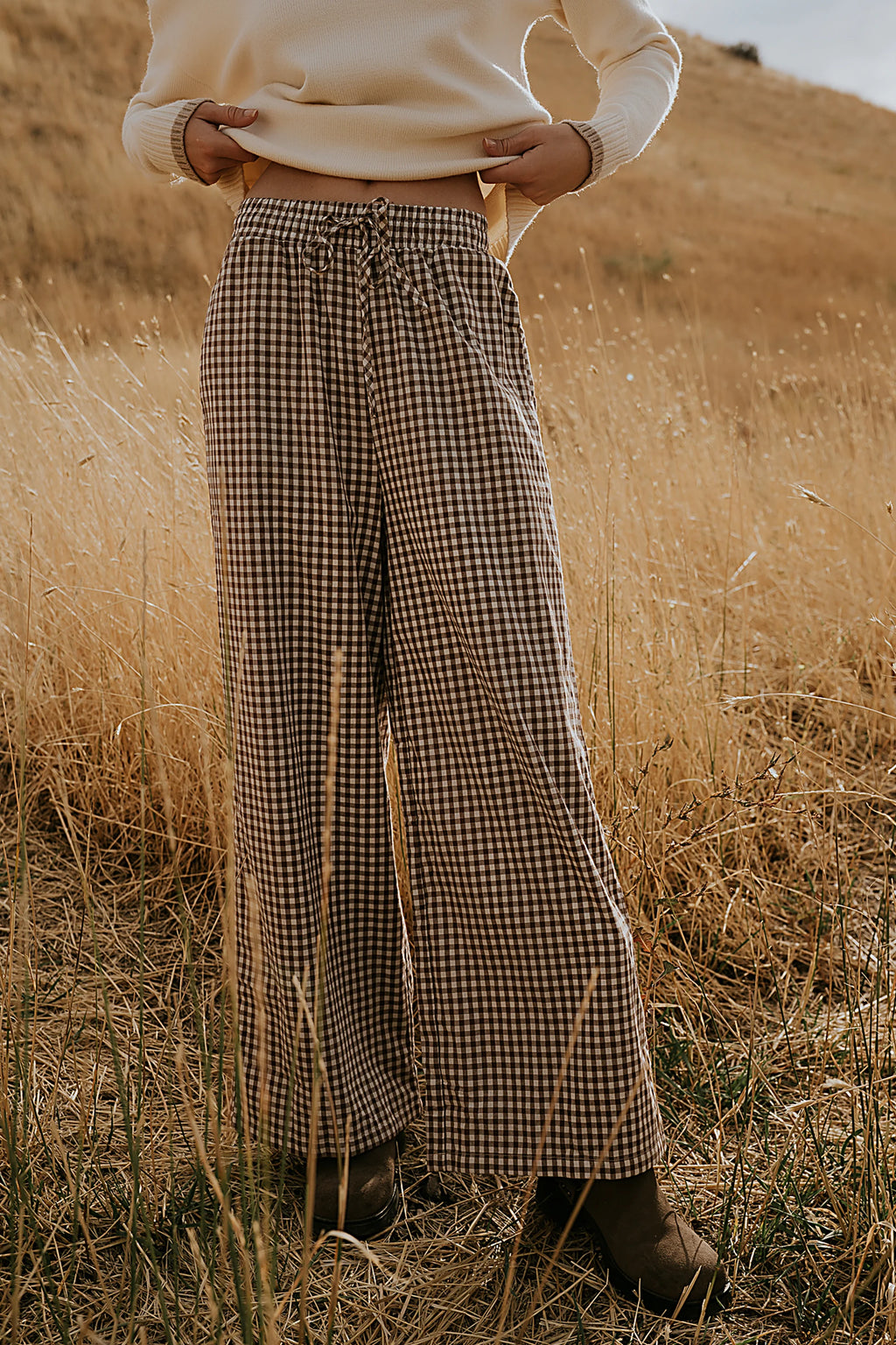 Brown Gingham Wide Leg Pants N24382