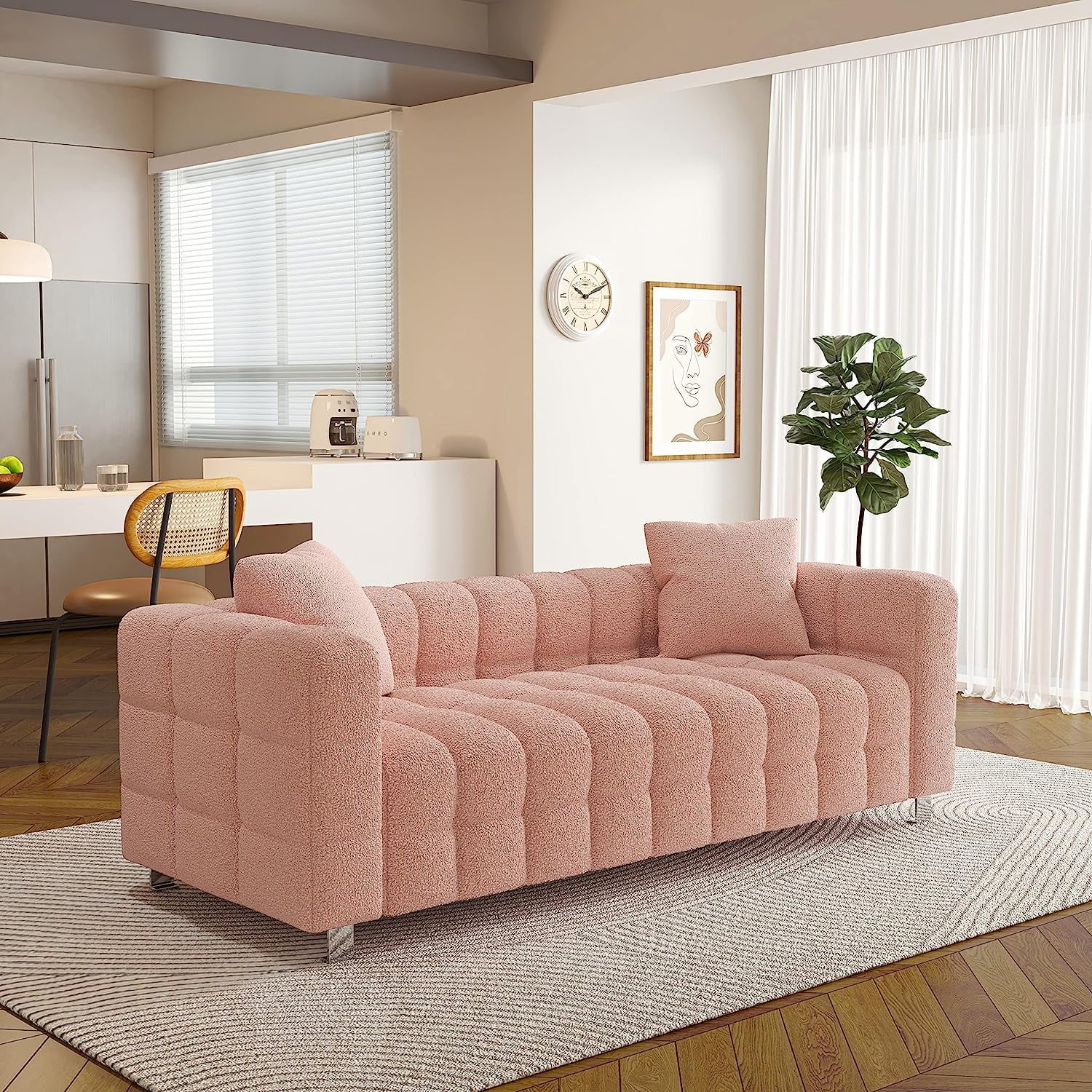 80" Pink Teddy Velvet 3 Seater Couch with Two Pillows A550