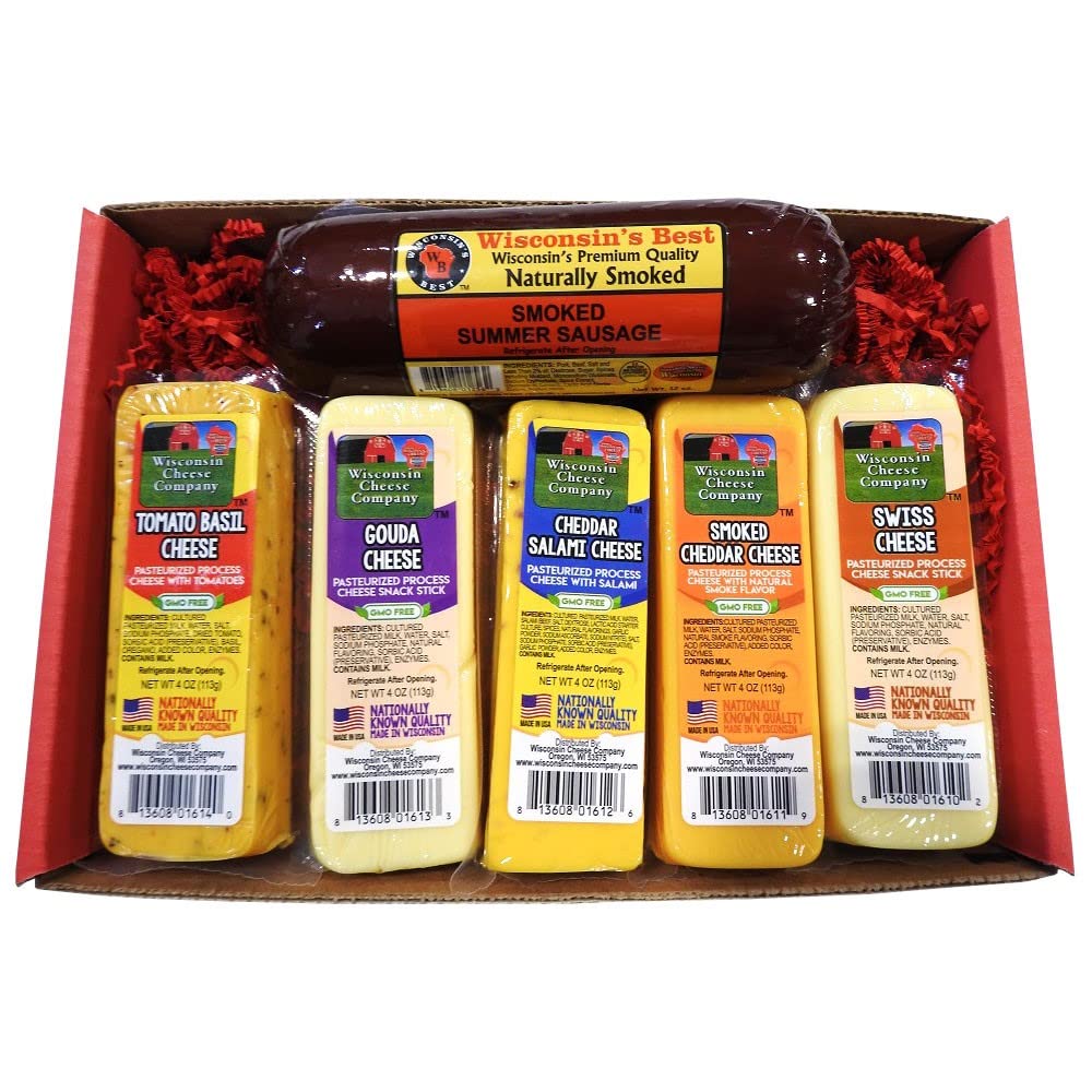Specialty Cheese & Sausage Gift Basket with Gouda, Swiss, Smoked Cheddar, Salami Cheddar & Tomato Basil I5438