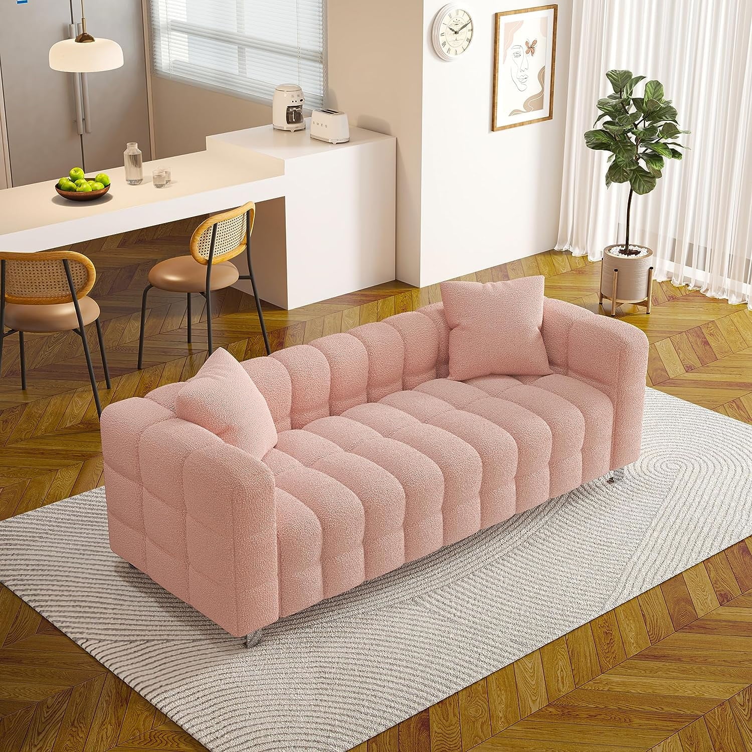 80" Pink Teddy Velvet 3 Seater Couch with Two Pillows A550
