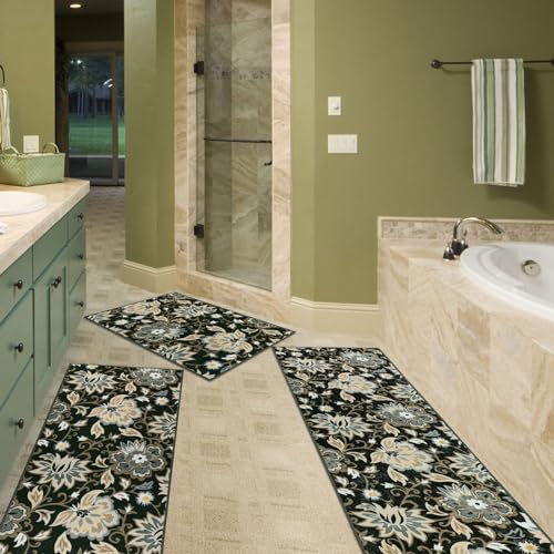 Non Slip Washable Floral Kitchen Mats Set of 3 T303