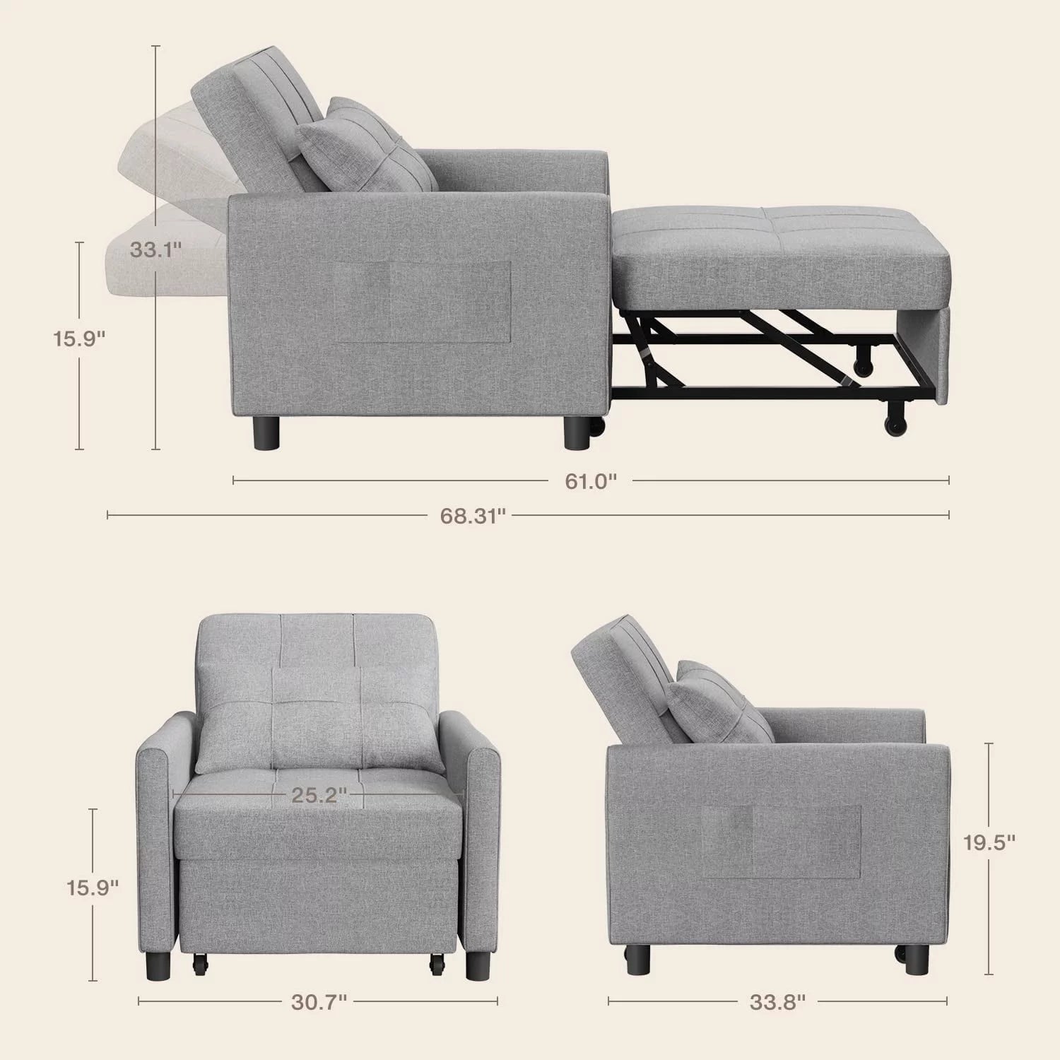 Grey Convertible Chair Single Bed R858