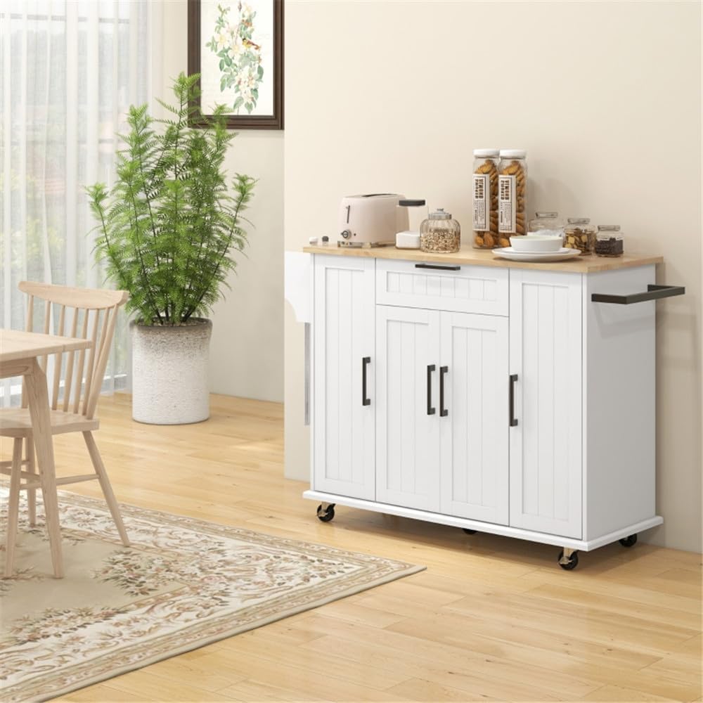 White Rolling Kitchen Island with Solid Wood Drop Leaf L252975