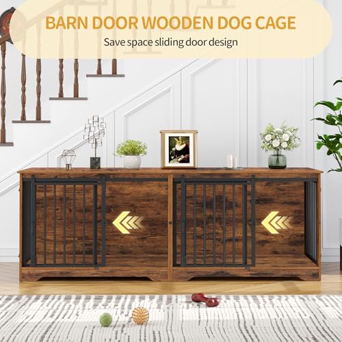 78 Inch Extra Large Double Dog Crate Furniture with Divider, Rustic Brown B24461