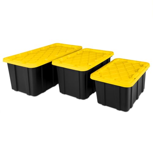 38 Gallon Black/Yellow Stackable Storage Tote with Lid, 8 Pack U998603