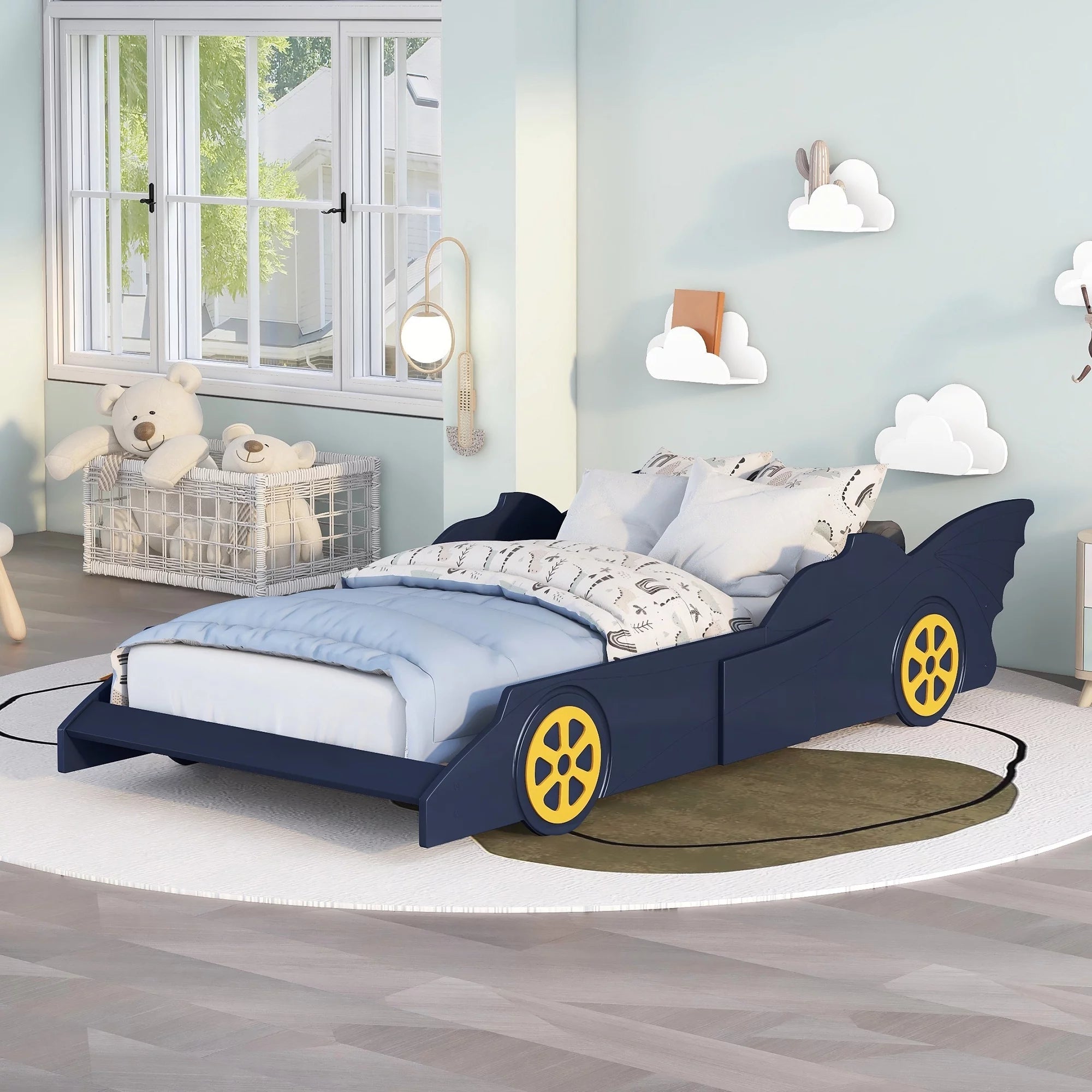 Blue/Yellow Twin Size Race Car Shaped Wood Platform Bed Frame N3454