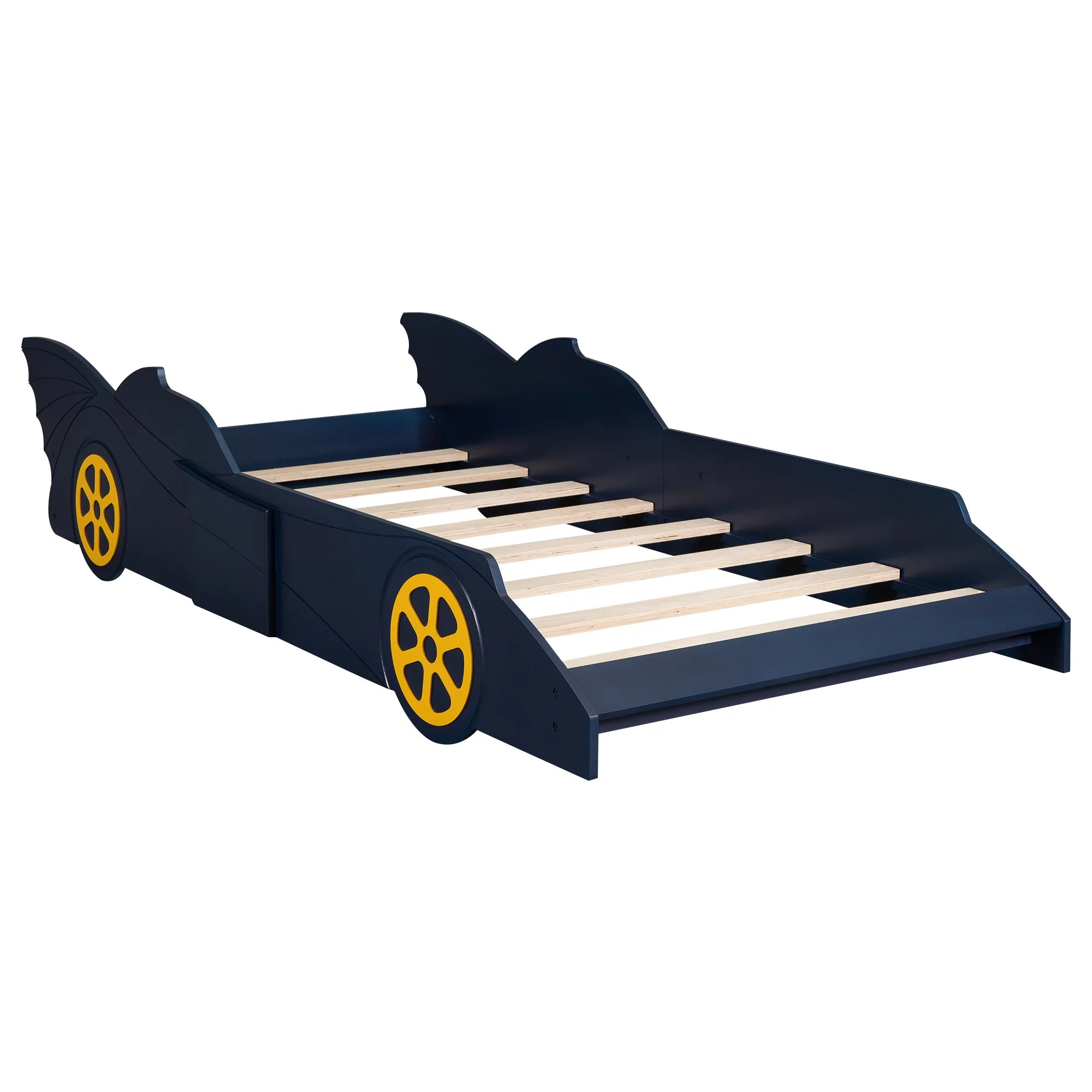 Blue/Yellow Twin Size Race Car Shaped Wood Platform Bed Frame N3454