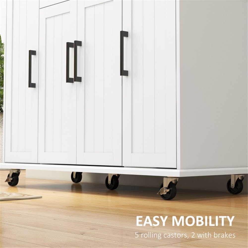 White Rolling Kitchen Island with Solid Wood Drop Leaf L252975